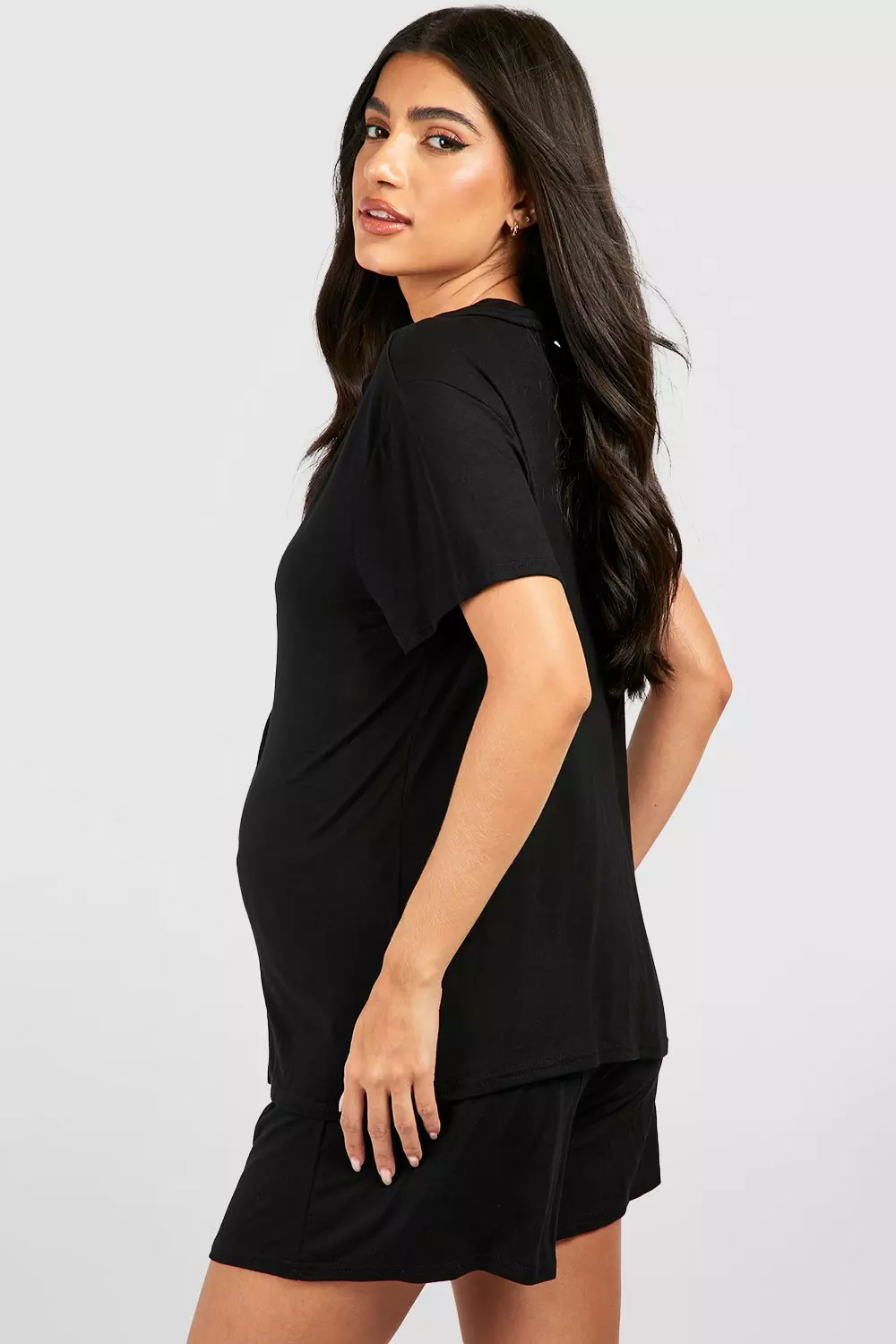 Black Maternity Button Down Short Pj Set صورة بديلة