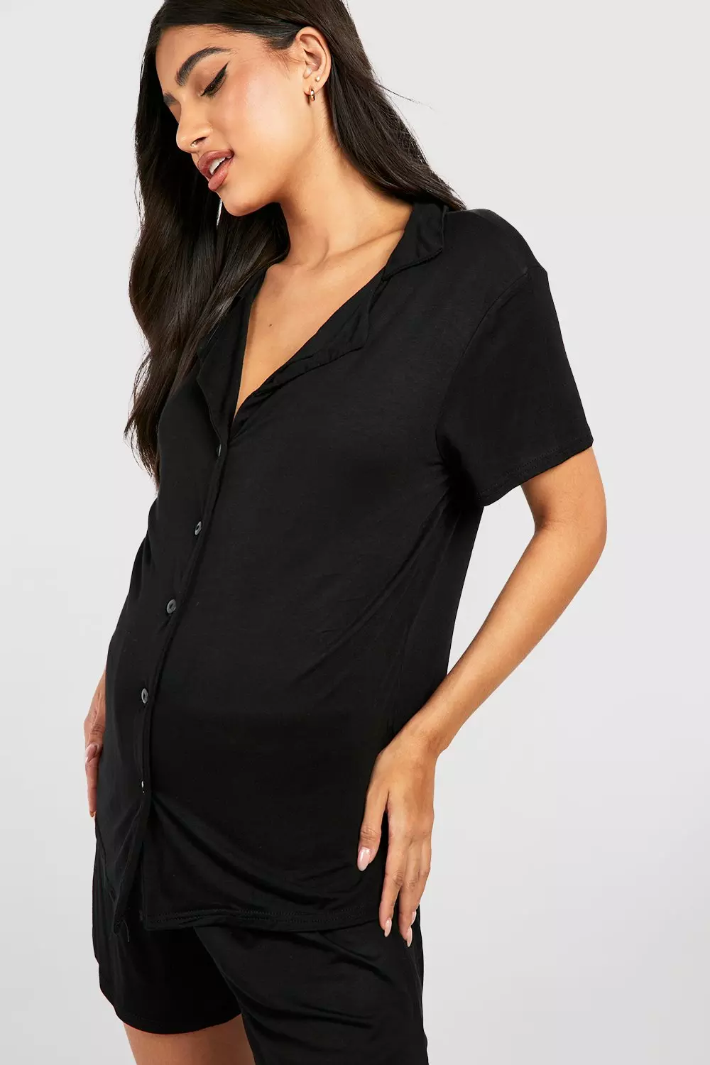 Black Maternity Button Down Short Pj Set صورة بديلة