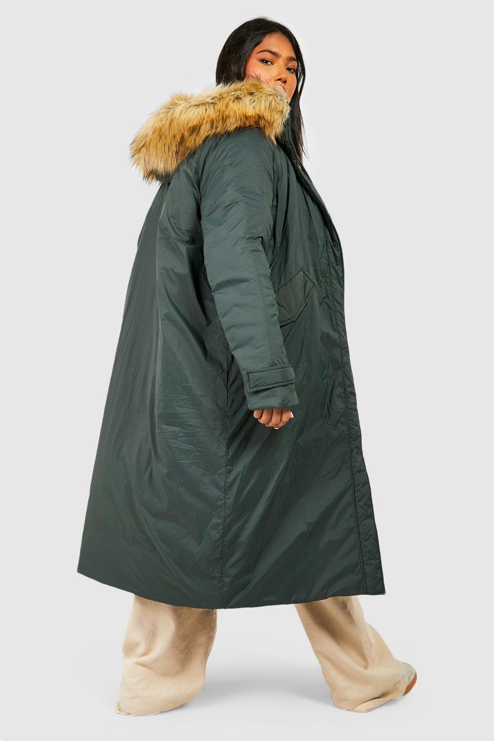 Grande taille Parka longue capuche en fausse fourrure