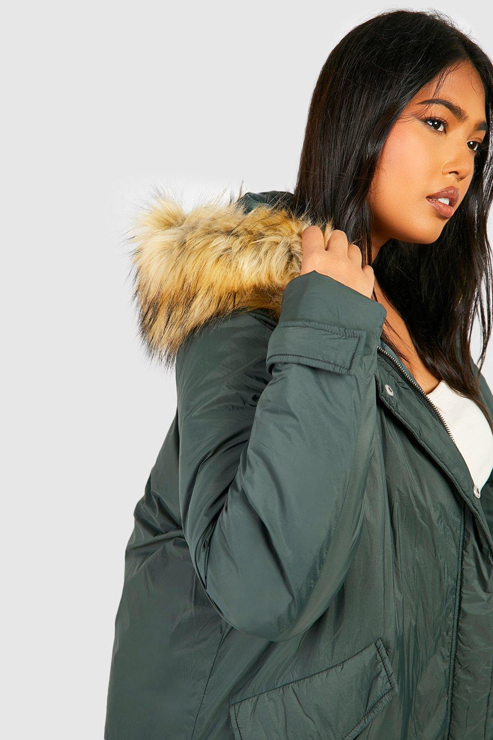 Grande taille Parka longue capuche en fausse fourrure