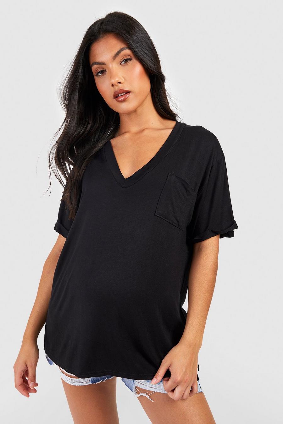 Black Maternity V Neck Slouchy Pocket T-shirt