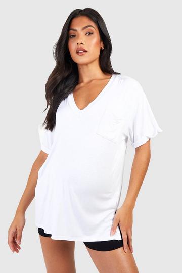 White Maternity V Neck Slouchy Pocket T-shirt