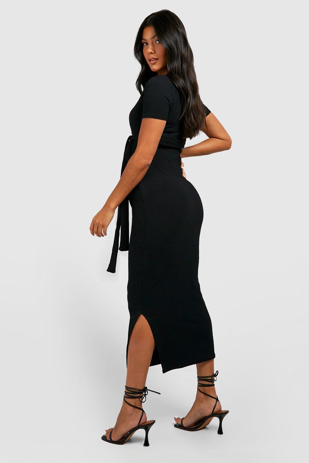 Maternity Rib Belted Long Sleeve Midi Dress