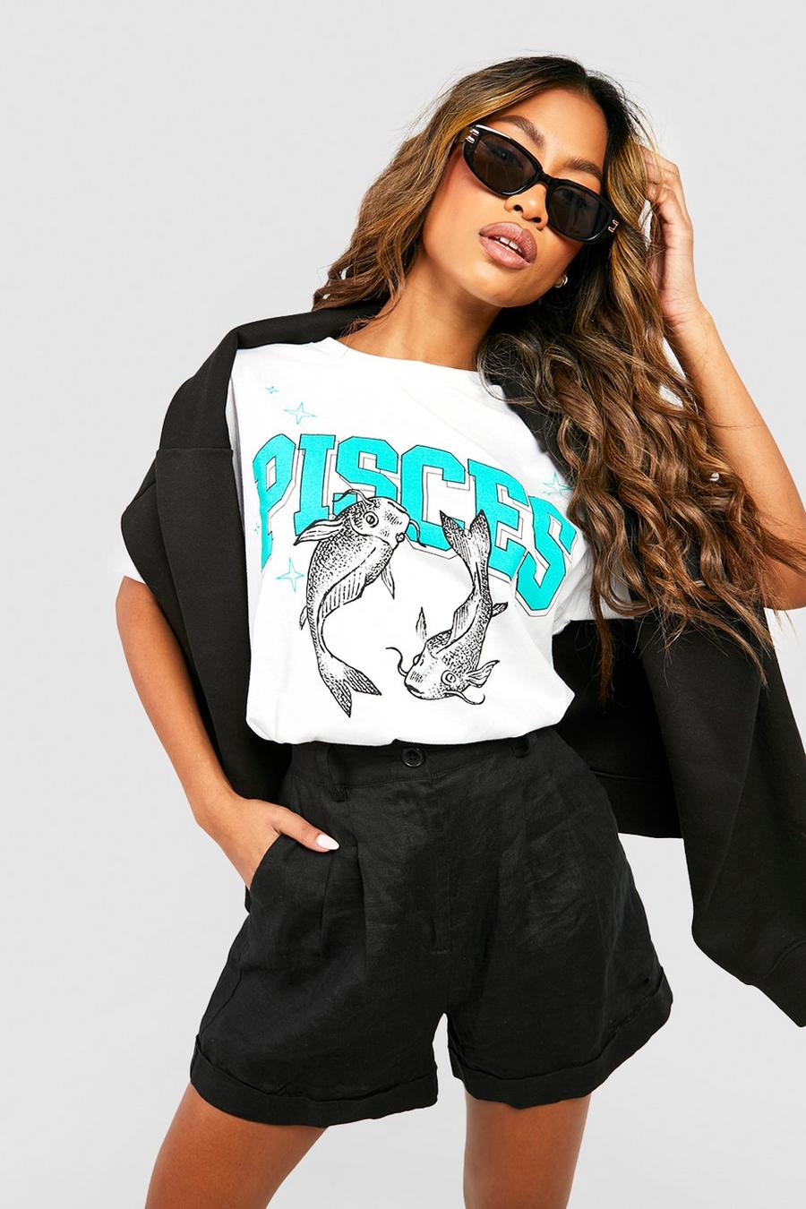 White Pisces Zodiac Printed Oversized T-Shirt image number 1