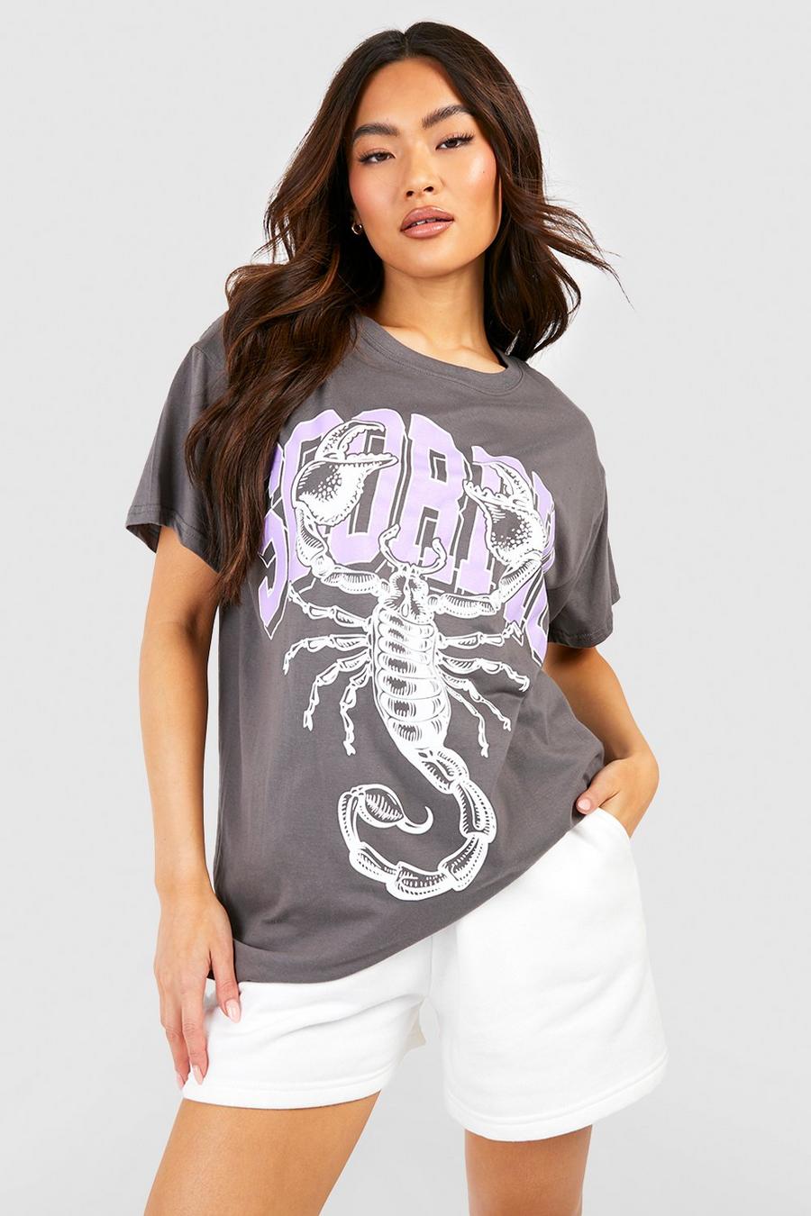 Charcoal gris Scorpio Zodiac Printed Oversized T-shirt 