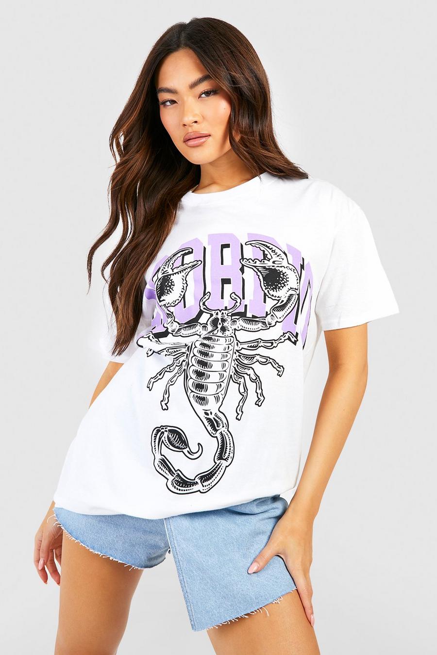 White Scorpio Zodiac Printed Oversized T-Shirt