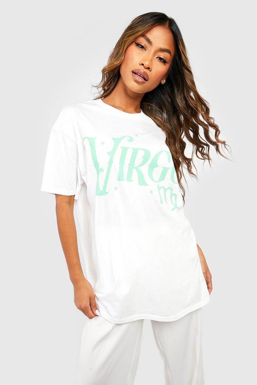 White Virgo Zodiac Printed Oversized T-shirt  image number 1