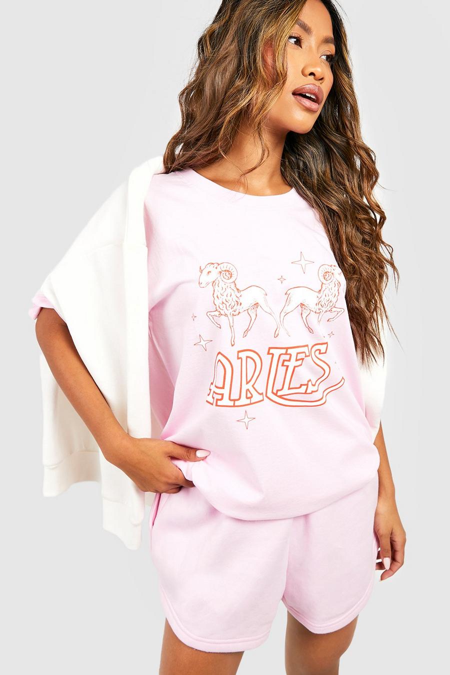 Baby pink Aries Zodiac Printed Oversized T-shirt 