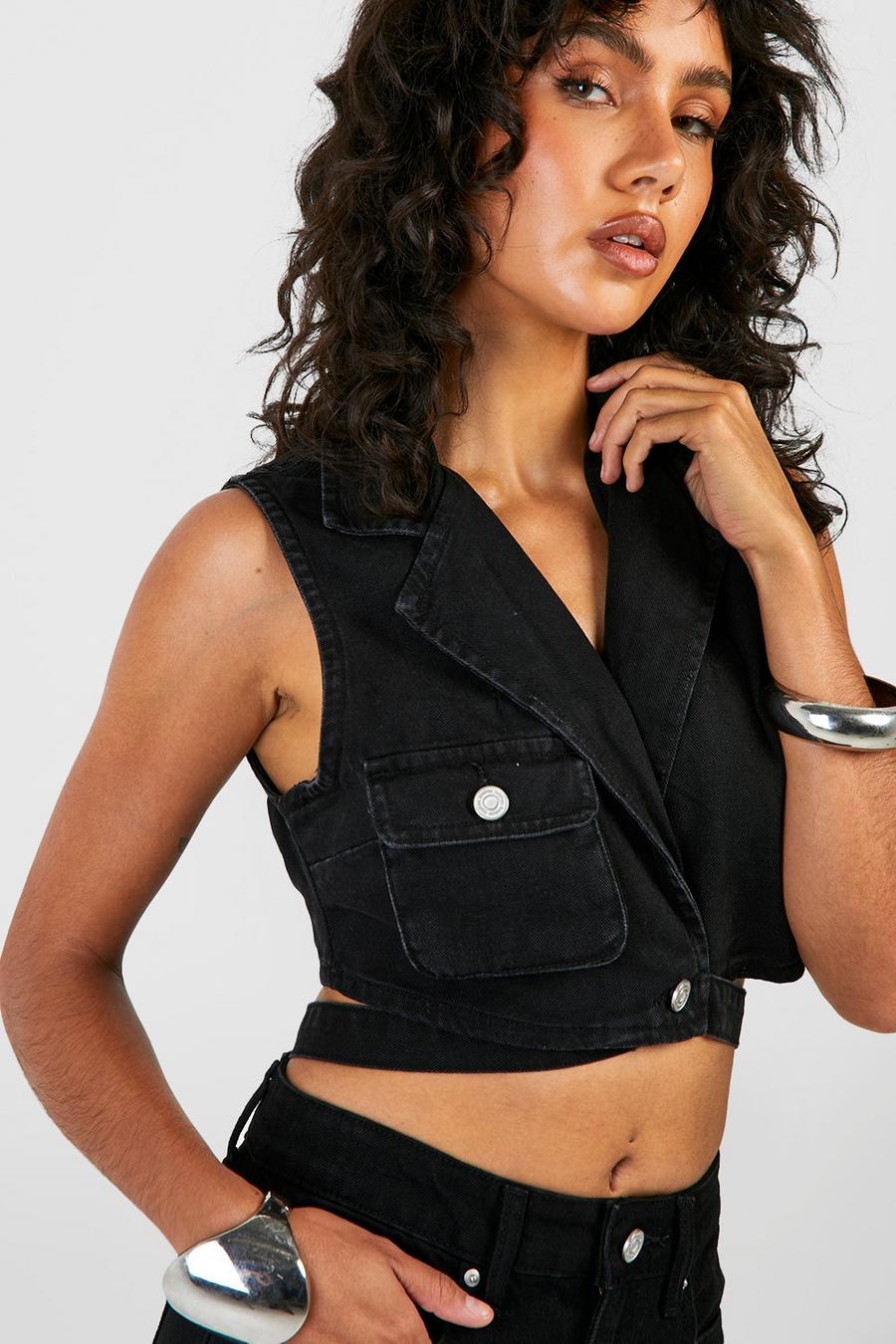 Washed black Wrap Detail Waistcoat Style Crop Top image number 1