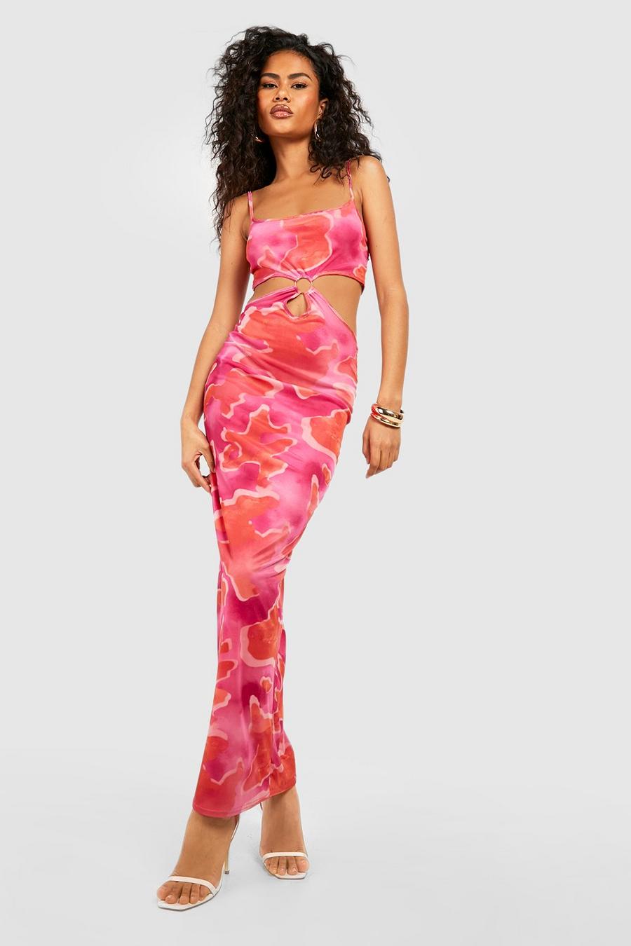 Hot pink O Ring Cut Out Abstract Maxi Dress 