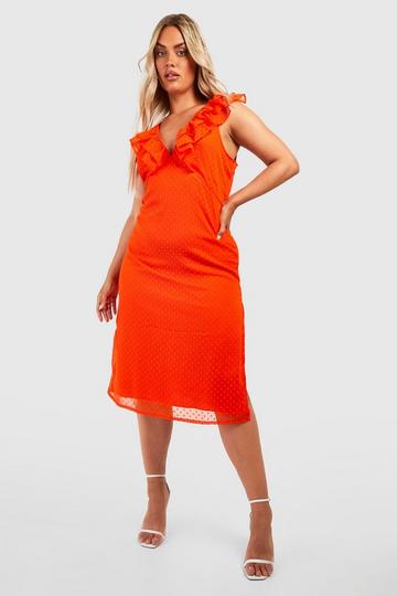 Plus Dobby Frill Detail Midi Dress orange