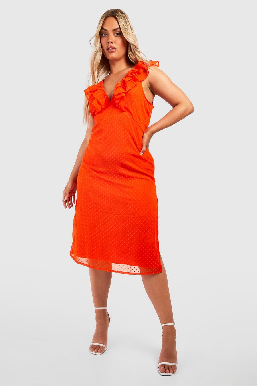 Orange Plus Dobby Frill Detail Midi Dress image number 1