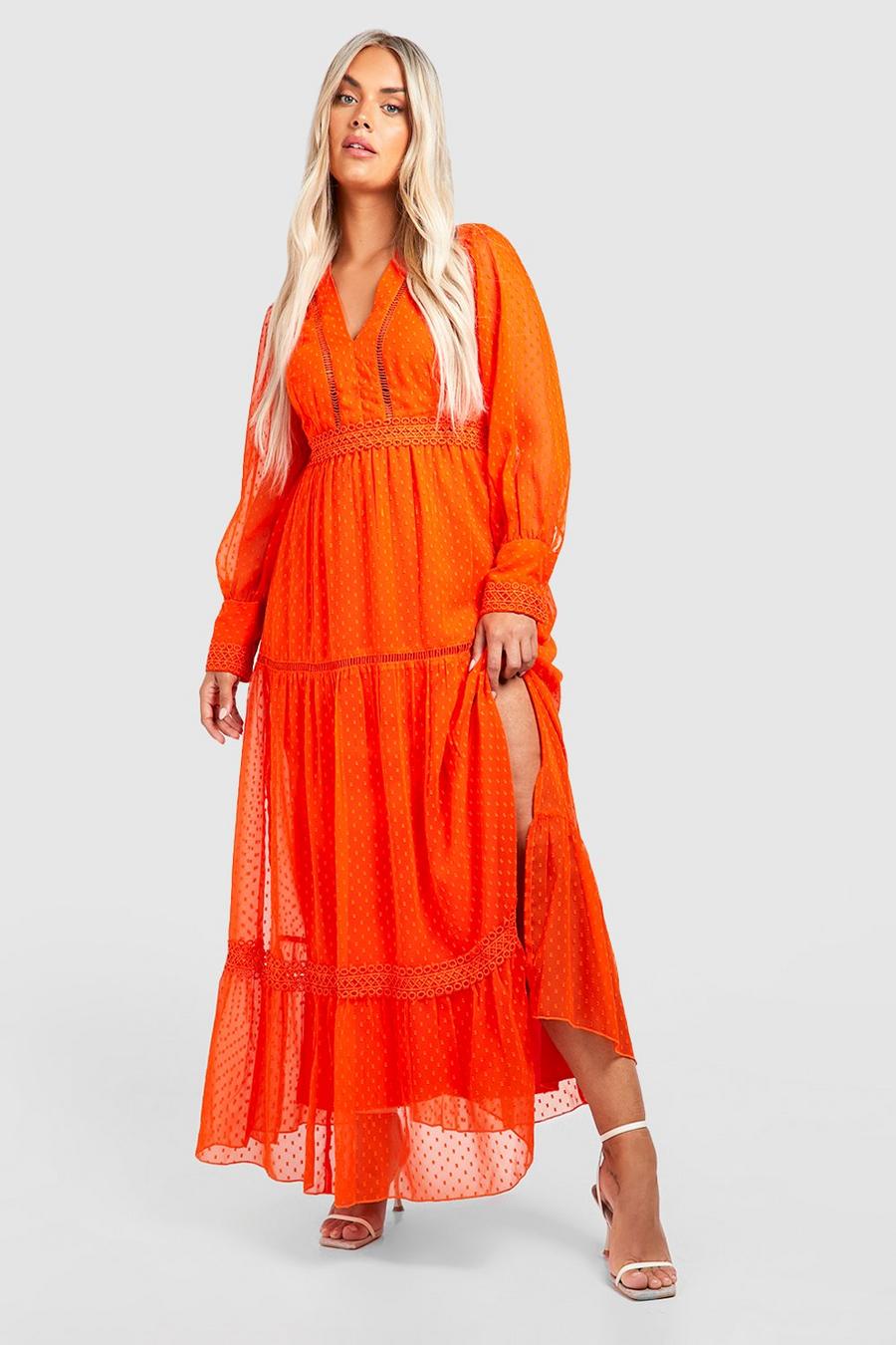 Vestito maxi Plus Size in rete plumetis con finiture, Orange