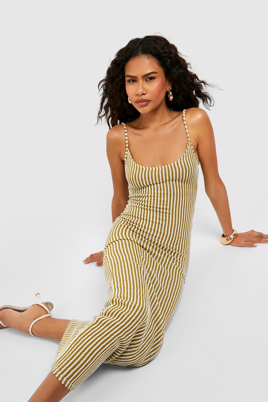 Olive green Strappy Scoop Neck Stripe Knitted Maxi Dress