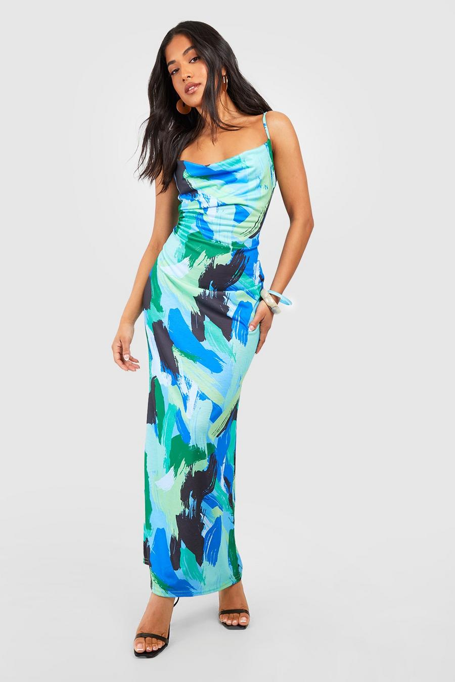 Blue Petite Abstract Print Cowl Neck Maxi Dress image number 1