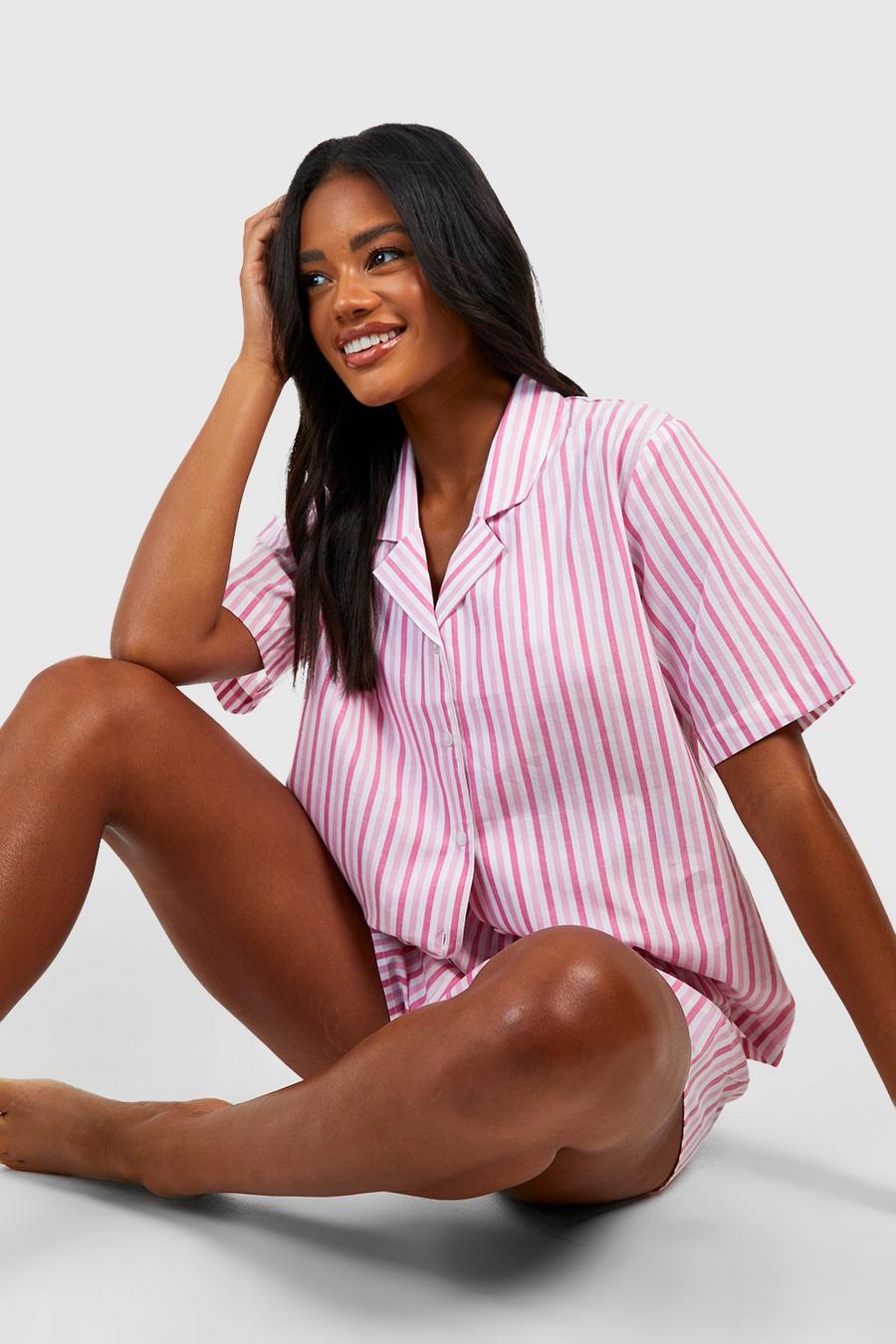 Camicia pigiama a maniche corte in cotone a righe, Pink image number 1