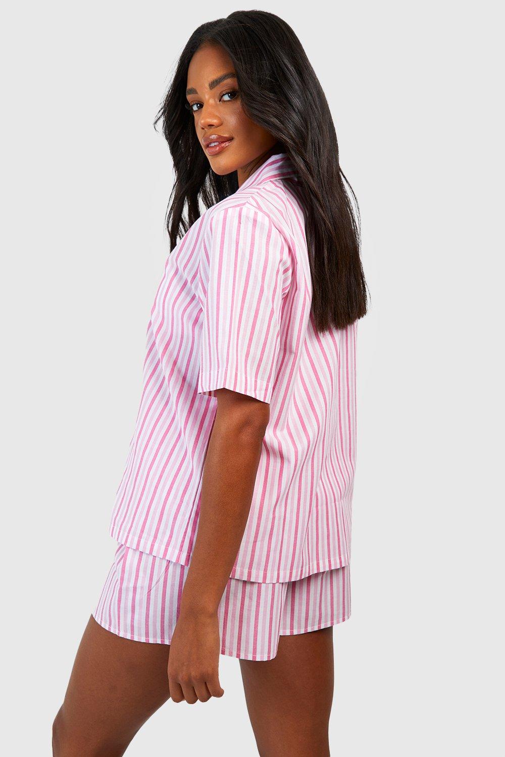 Cotton Stripe Pajama Short Sleeve Shirt boohoo