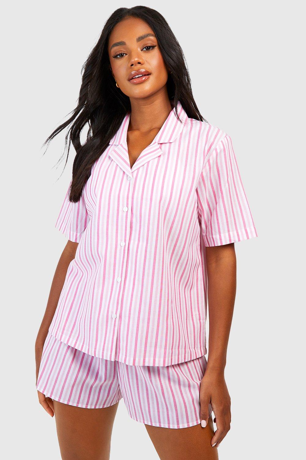 Women s Cotton Stripe Pyjama Short Sleeve Shirt Boohoo UK