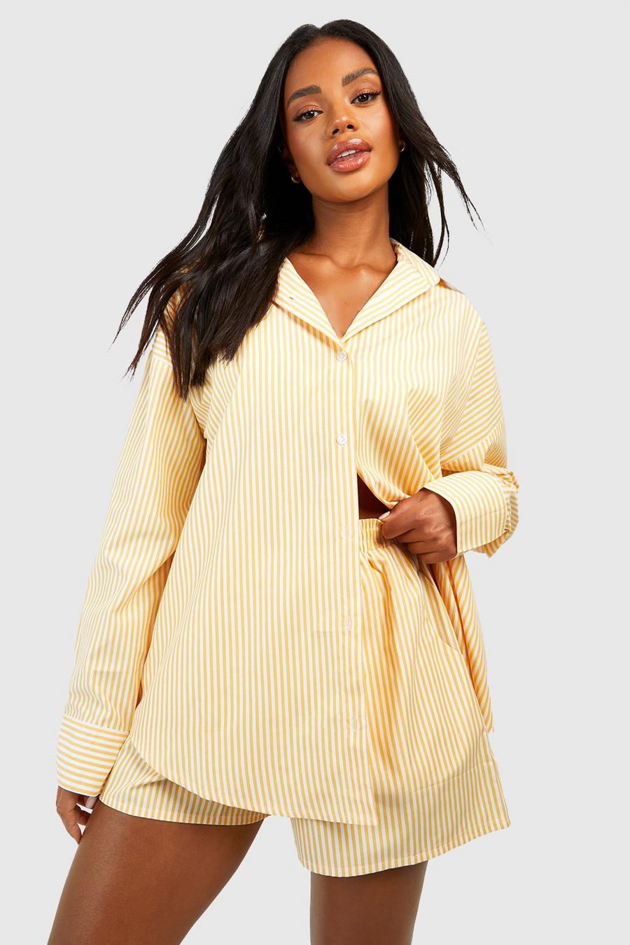 Yellow Cotton Pinstripe Oversized Pajama Shirt image number 1