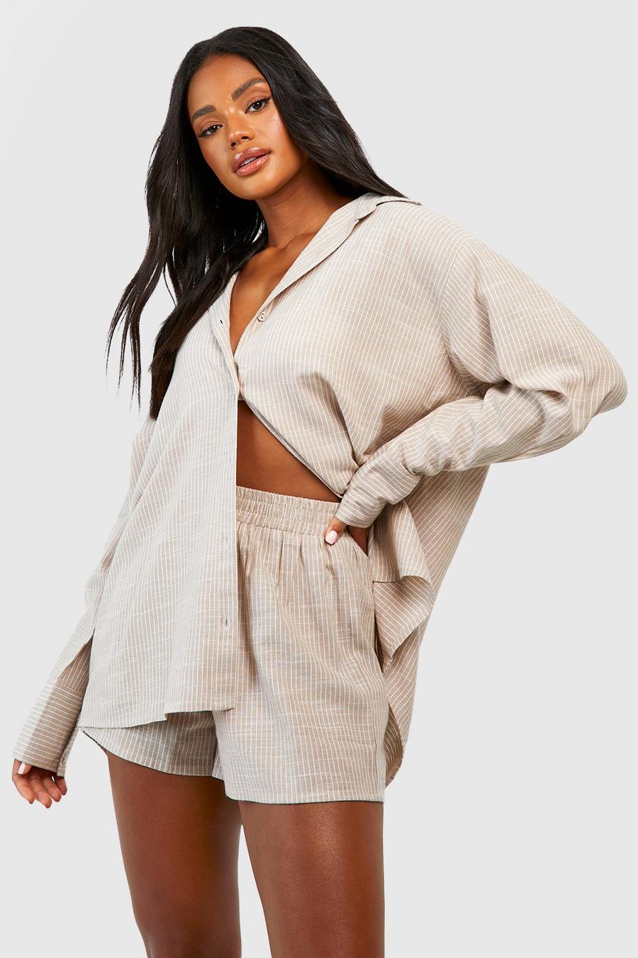 Stone beige Cotton Tonal Pinstripe Pajama Short