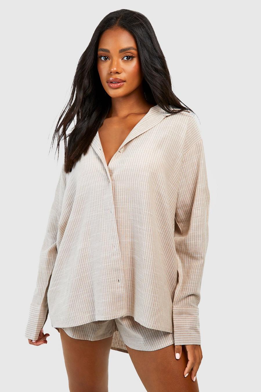 Camicia pigiama oversize in cotone a righe verticali tono su tono, Stone beige