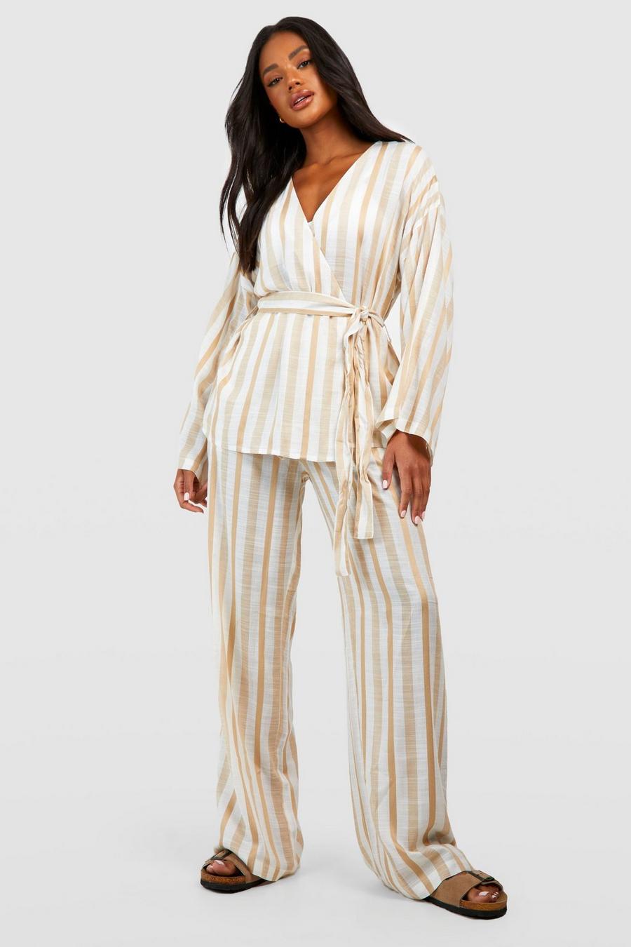 Stone beige Linen Stripe Pyjama Trouser