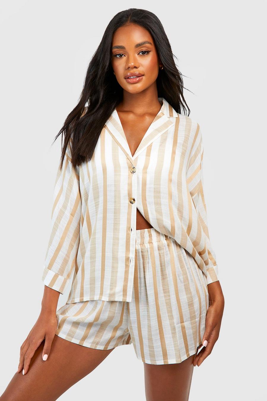 Stone beige Linen Stripe Pyjama Short