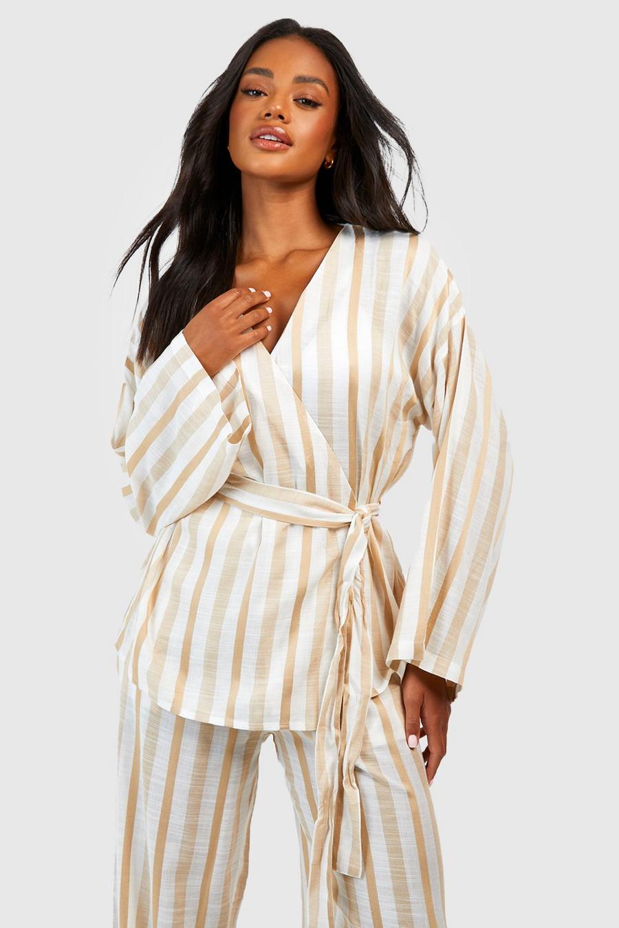 Stone beige Linen Stripe Wrap Pyjama Shirt 