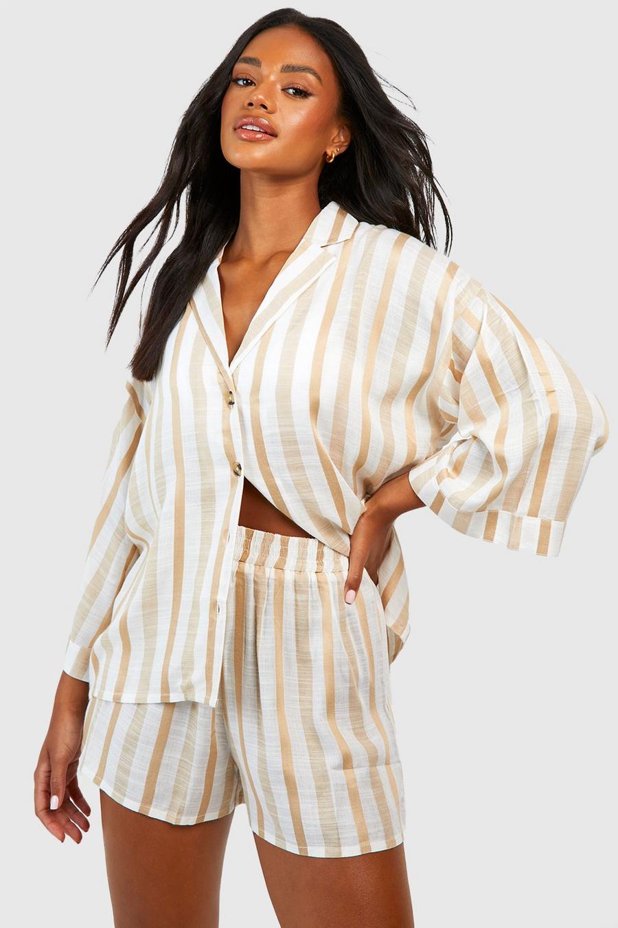 Camicia pigiama oversize in lino a righe, Stone beige