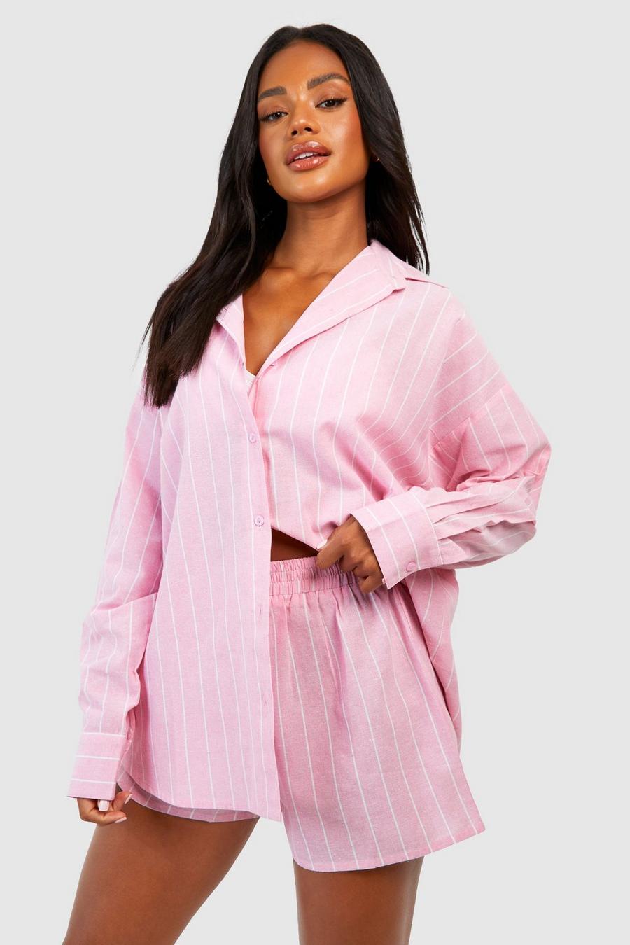 Pantaloncini del pigiama in cotone a righe verticali, Pink image number 1