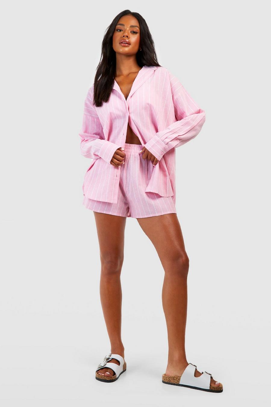 Gestreiftes Pyjama-Hemd aus Baumwolle, Pink