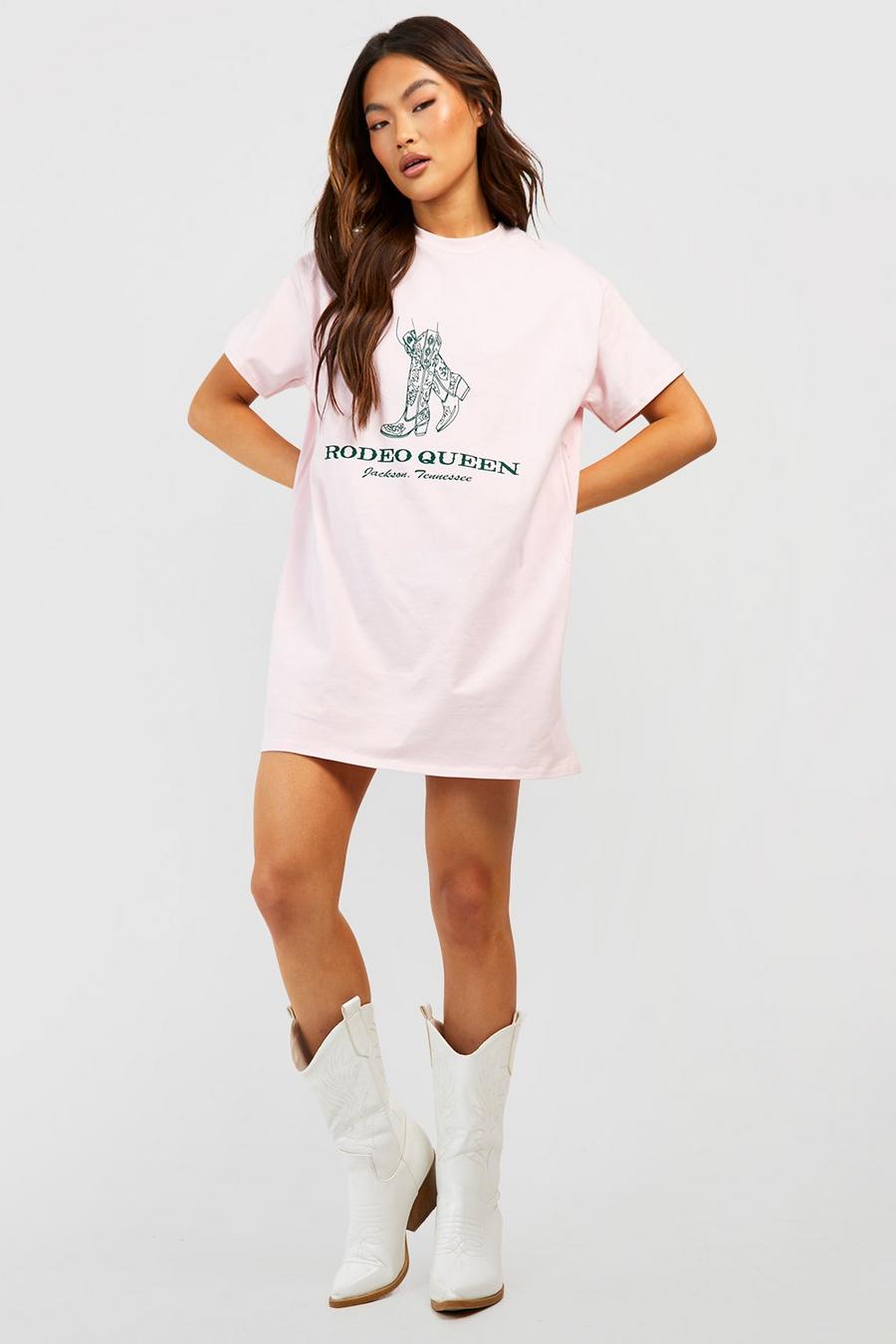 Vestito T-shirt oversize con slogan Rodeo Queen, Blush image number 1