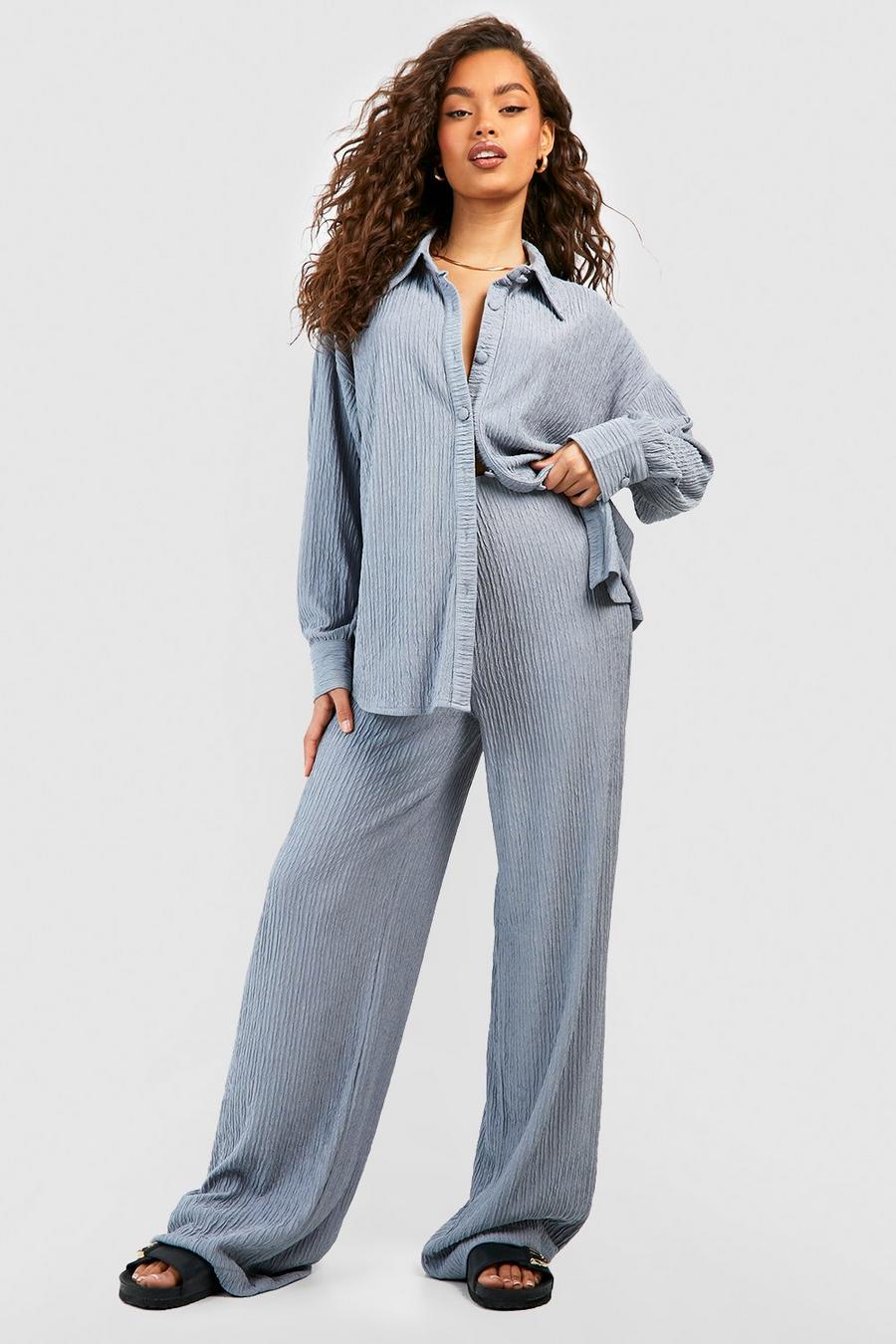 Grey blue Crinkle Relaxed Fit Wide Leg Trousers
