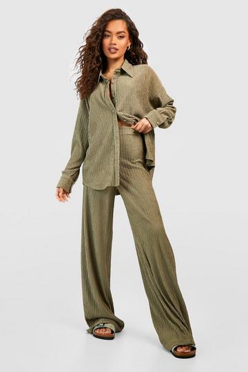 Crinkle Relaxed Fit Wide Leg Trousers khaki