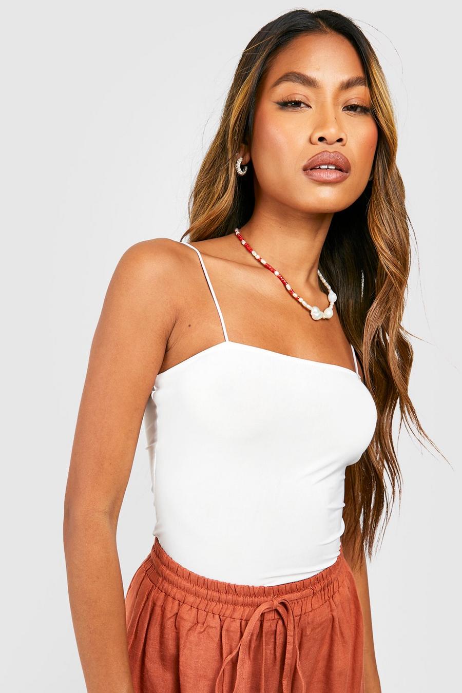 White Spaghetti Strap Slinky Longline Crop Top image number 1