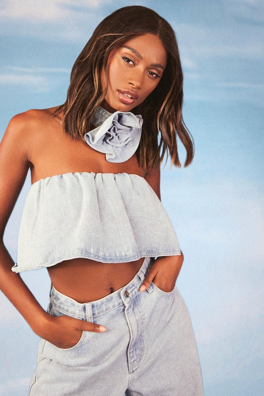 Light blue Ruffle Denim Bandeau Top With Rose Corsage 