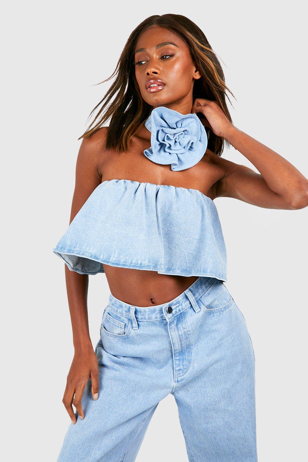 Ruffle Denim Bandeau Top With Rose Corsage | boohoo