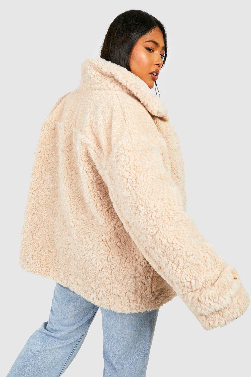 Boohoo Plus Textured Faux Fur Jacket in Natural