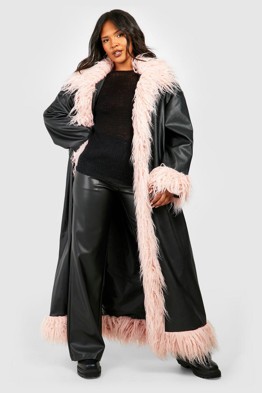 Grande taille - Manteau en simili à bordure en fausse fourrure, Black image number 1