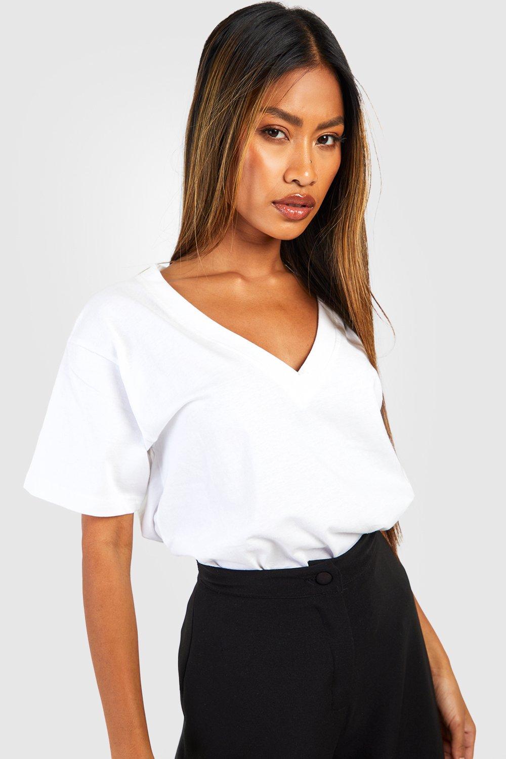 White Basic Cotton Deep V Neck T shirt
