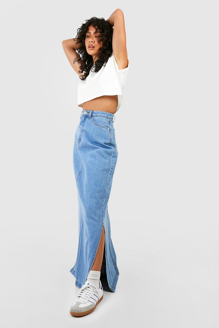 Mid blue Side Split Denim Maxi Skirt image number 1