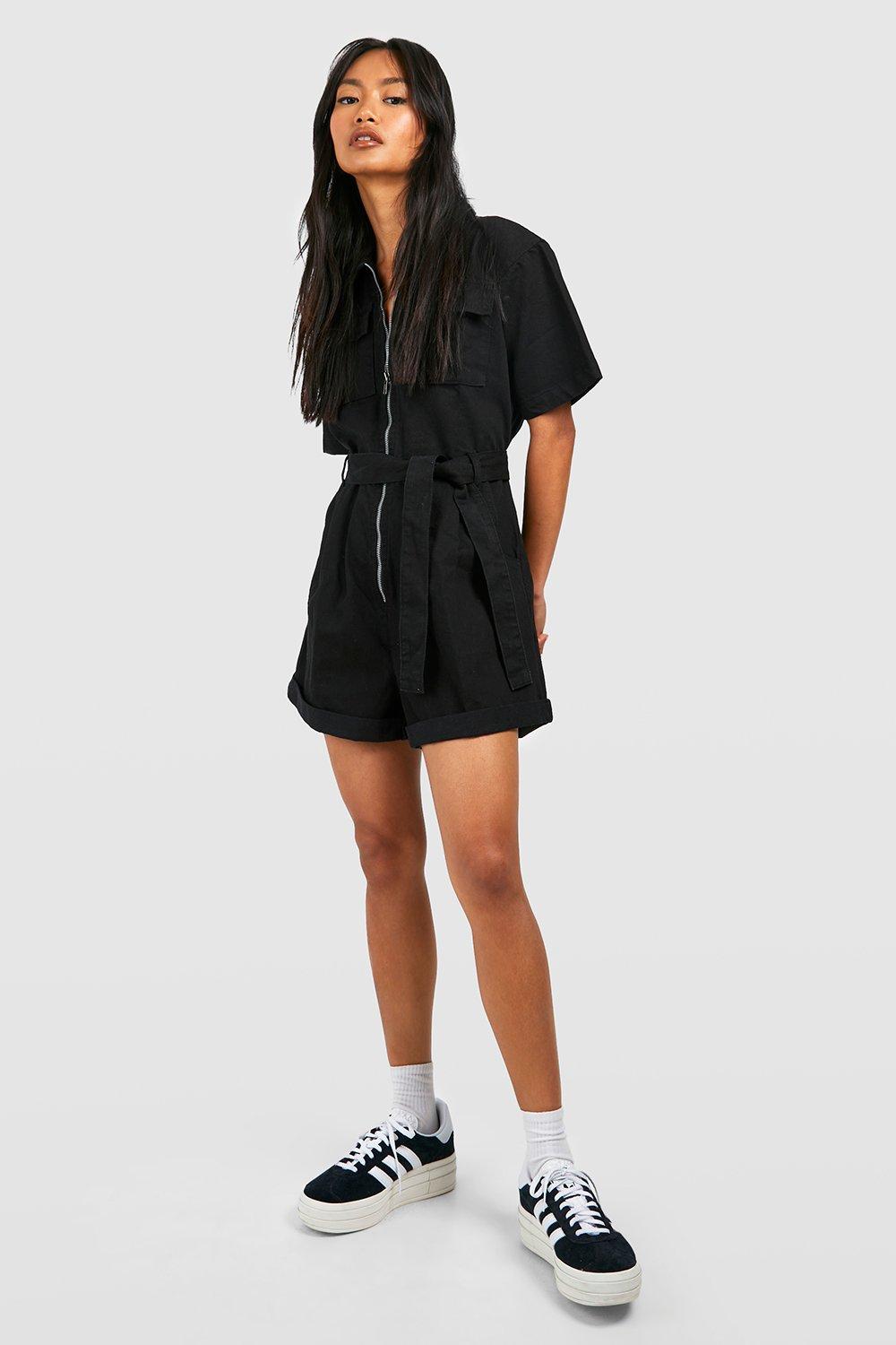 Belted Cargo Denim Romper