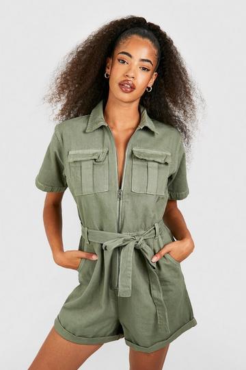 Belted Cargo Denim Romper khaki