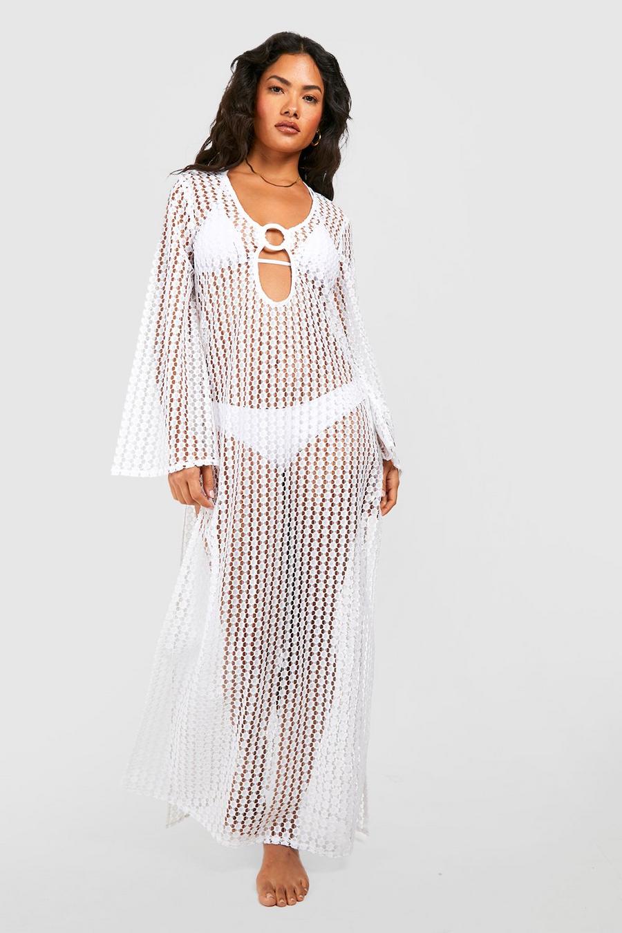 White Beach Tie Front Crochet Dress image number 1
