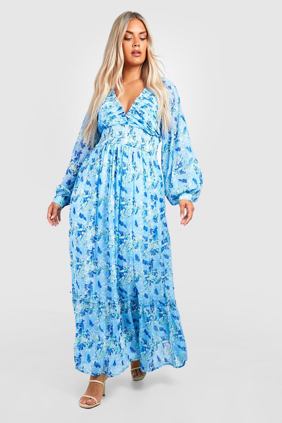Blue Plus Floral Dobby Mesh Shirred Waist Maxi Dress