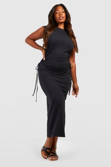 Plus Cotton Ruched Tie Side Tailed Midi T-Shirt Dress black