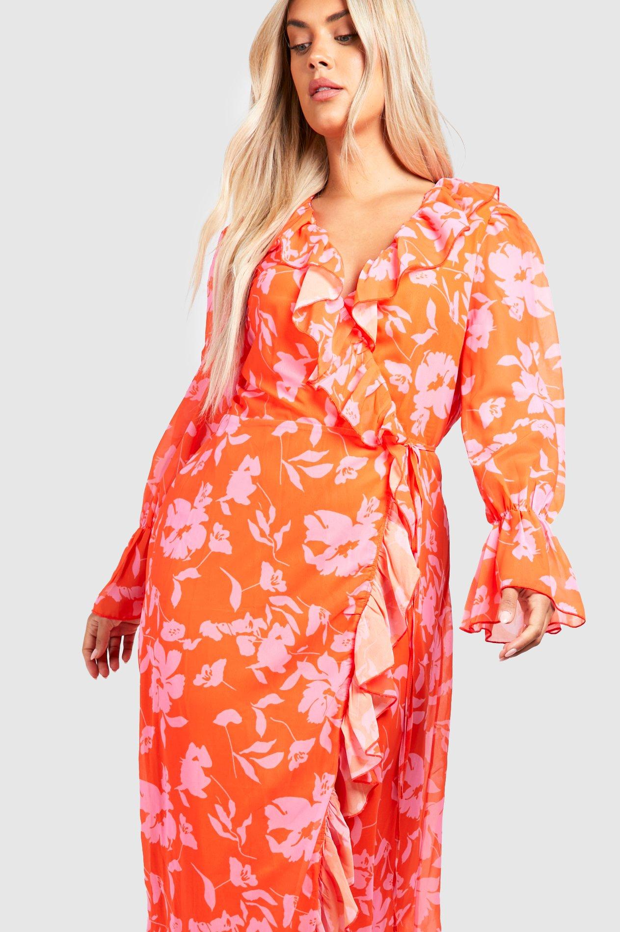 Plus Floral Ruffle Wrap Dress