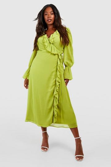 Olive Green Plus Chiffon Ruffle Wrap Dress