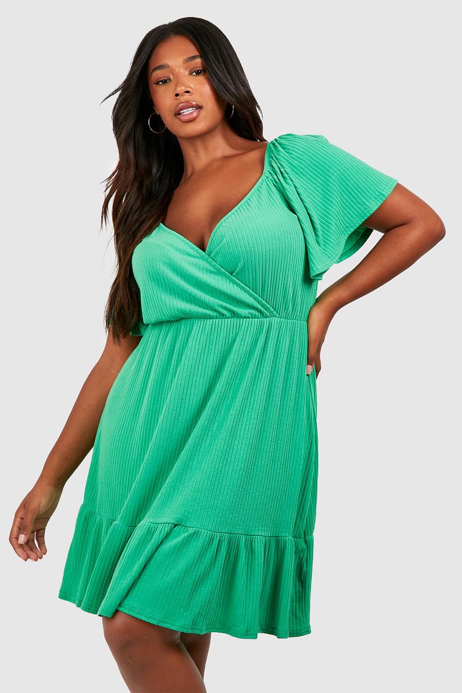 Bright green Plus Soft Rib Wrap Tiered Smock Dress image number 1