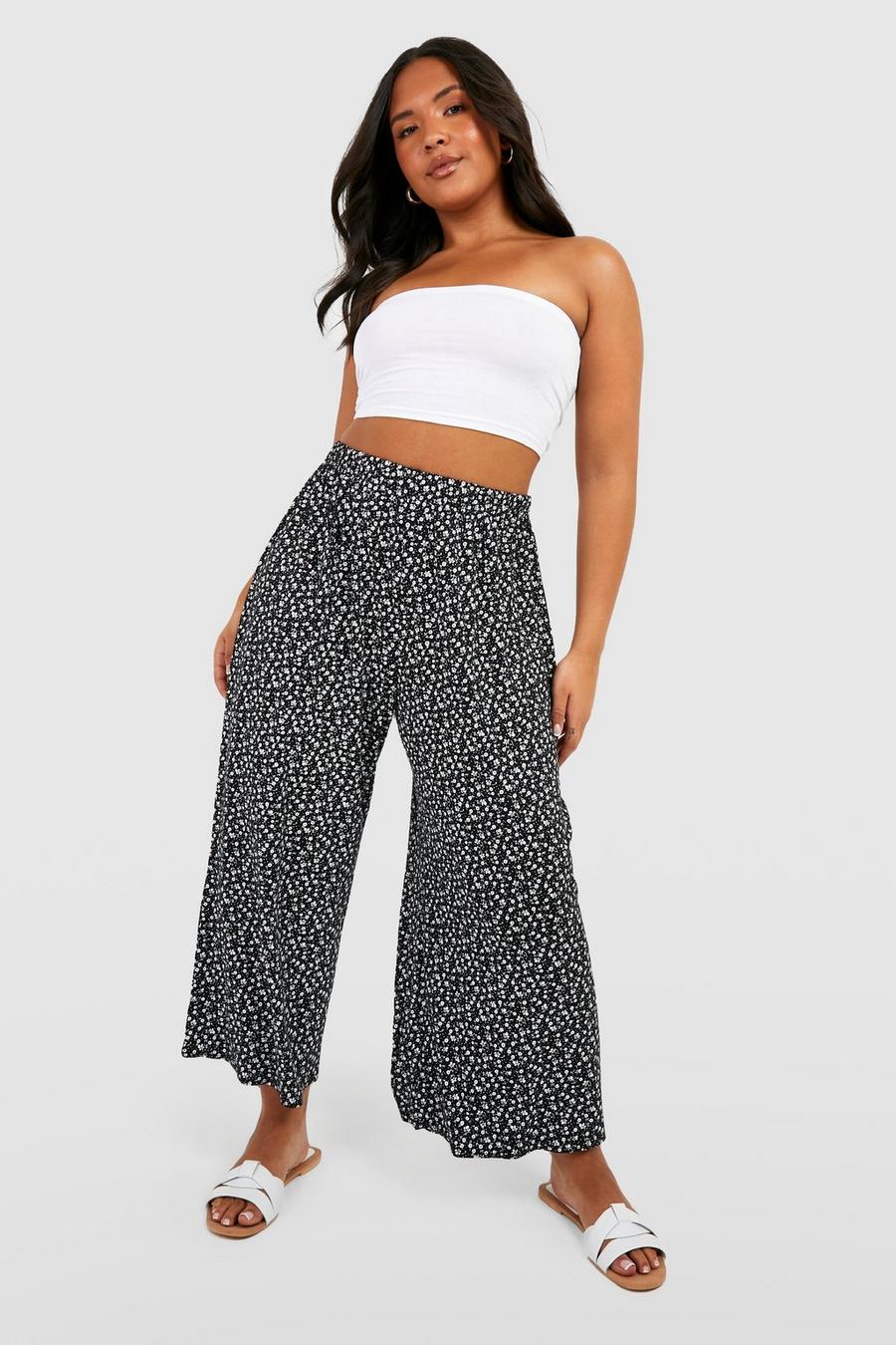 Black negro Plus Ditsy Floral Printed Culotte Trouser 